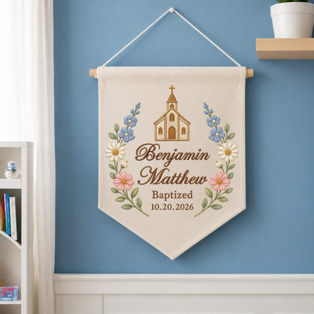 Personalized Embroidered Baptism Wall Hanging Banner, Custom Baby Name Sign, Church Christening Gift, Floral Christian Nursery Decor