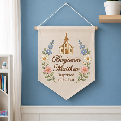 Personalized Embroidered Baptism Wall Hanging Banner, Custom Baby Name Sign, Church Christening Gift, Floral Christian Nursery Decor