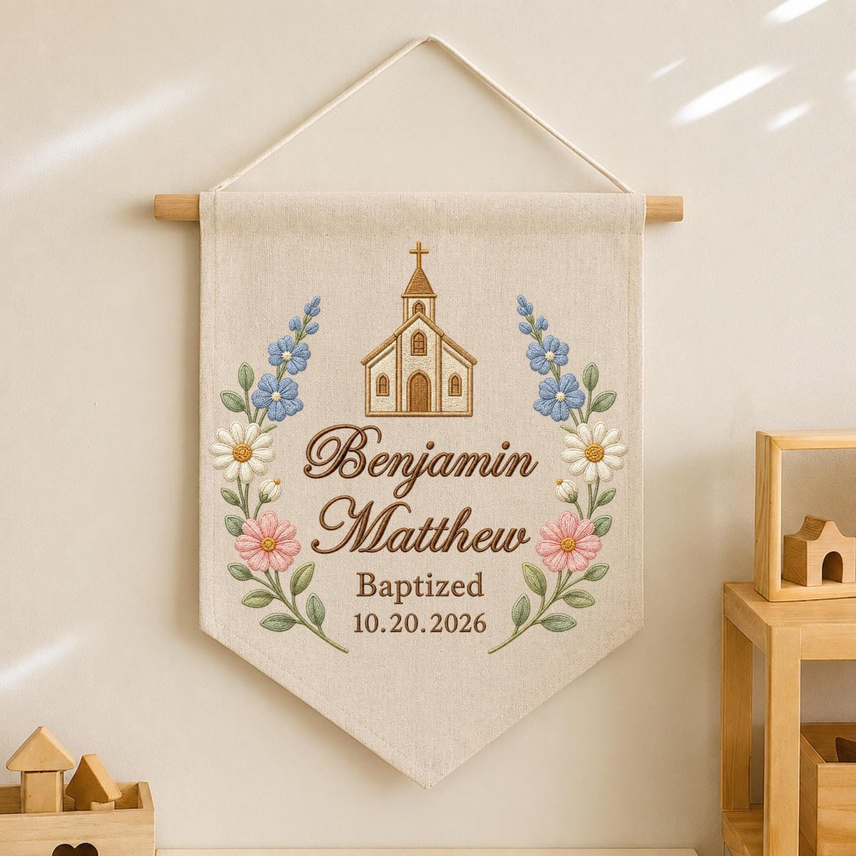 Personalized Embroidered Baptism Wall Hanging Banner, Custom Baby Name Sign, Church Christening Gift, Floral Christian Nursery Decor