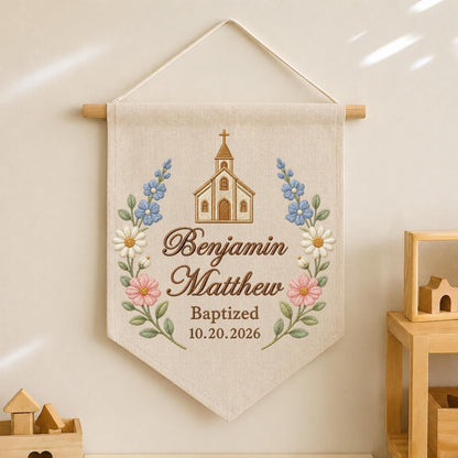 Personalized Embroidered Baptism Wall Hanging Banner, Custom Baby Name Sign, Church Christening Gift, Floral Christian Nursery Decor