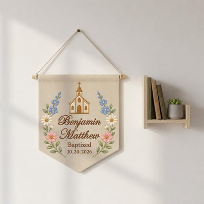 Personalized Embroidered Baptism Wall Hanging Banner, Custom Baby Name Sign, Church Christening Gift, Floral Christian Nursery Decor