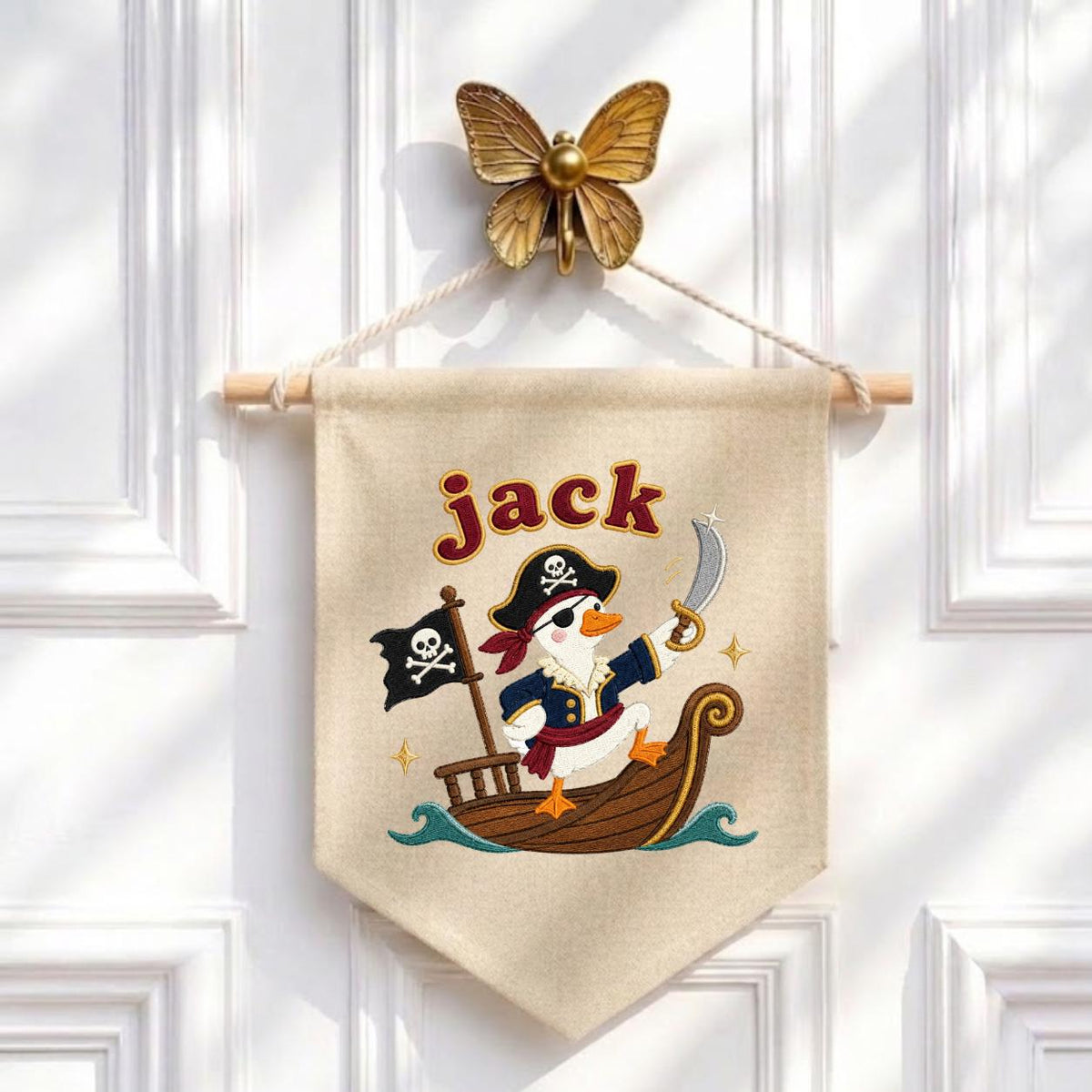 Personalized Pirate Duck Embroidered Pennant Banner, Nursery Wall Hanging Sign