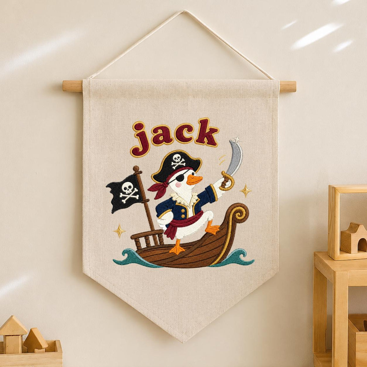 Personalized Pirate Duck Embroidered Pennant Banner, Nursery Wall Hanging Sign