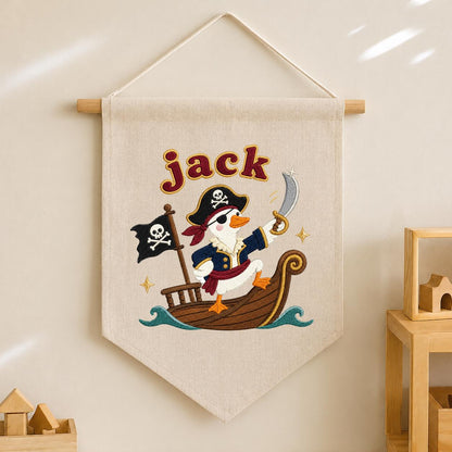 Personalized Pirate Duck Embroidered Pennant Banner, Nursery Wall Hanging Sign