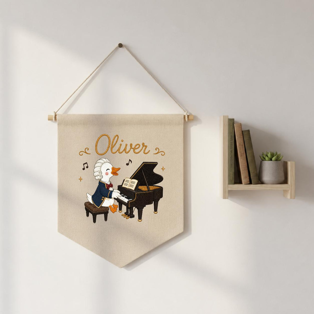 Personalized Embroidered Duck Piano Banner, Custom Name Nursery Decor, Mozart Musician Wall Hanging