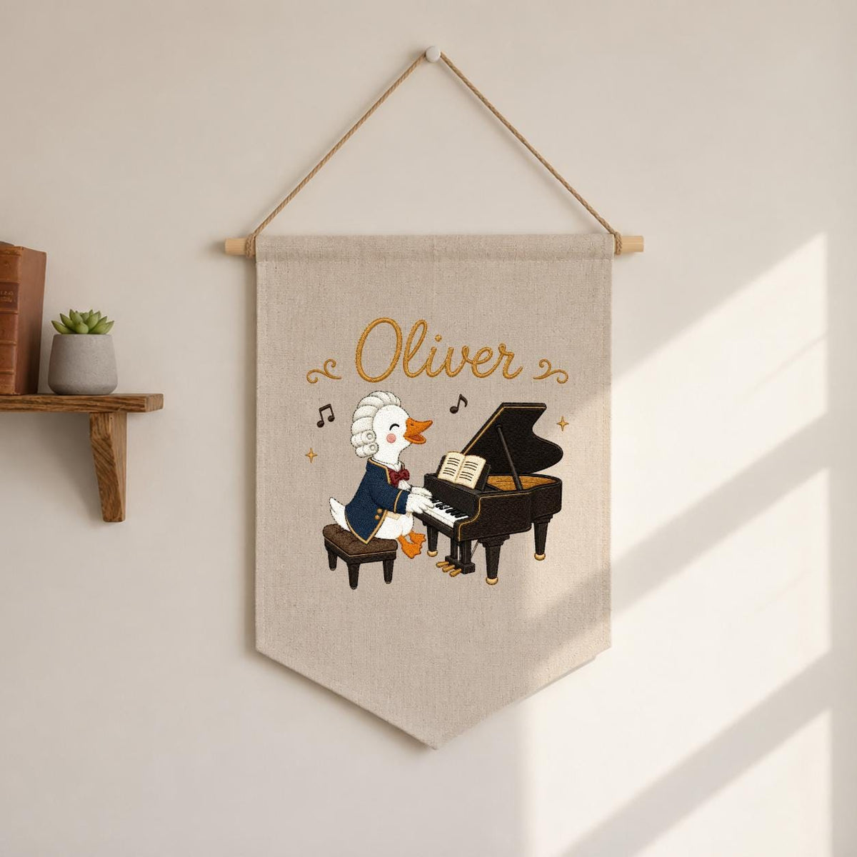 Personalized Embroidered Duck Piano Banner, Custom Name Nursery Decor, Mozart Musician Wall Hanging