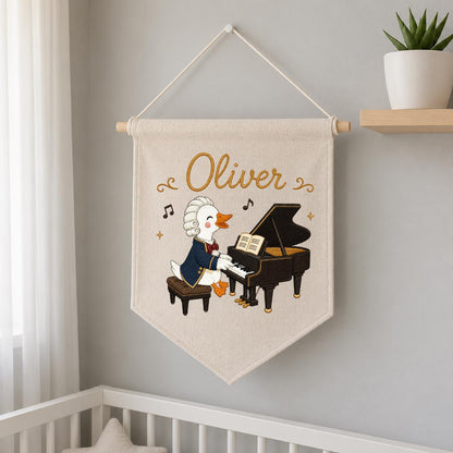 Personalized Embroidered Duck Piano Banner, Custom Name Nursery Decor, Mozart Musician Wall Hanging