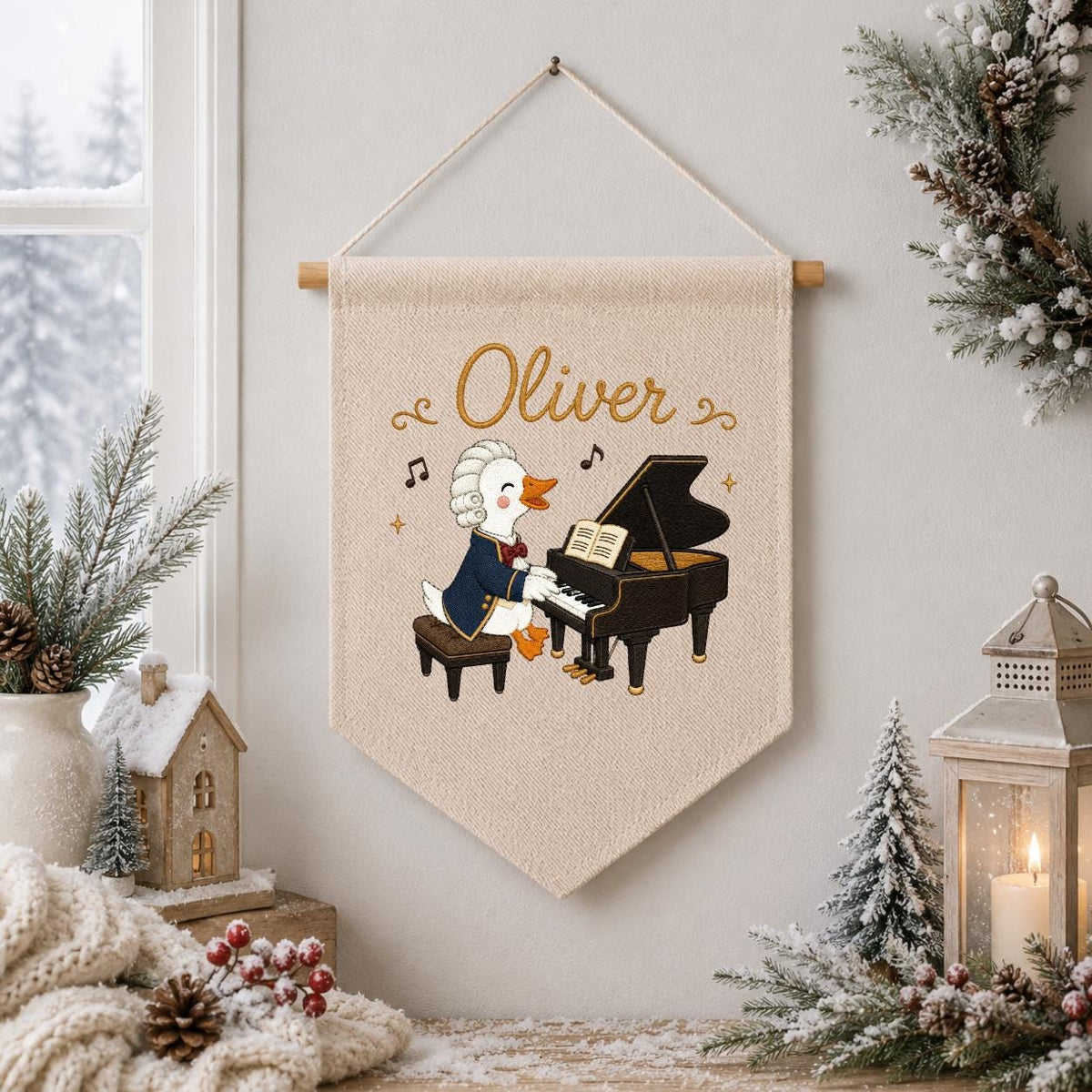 Personalized Embroidered Duck Piano Banner, Custom Name Nursery Decor, Mozart Musician Wall Hanging