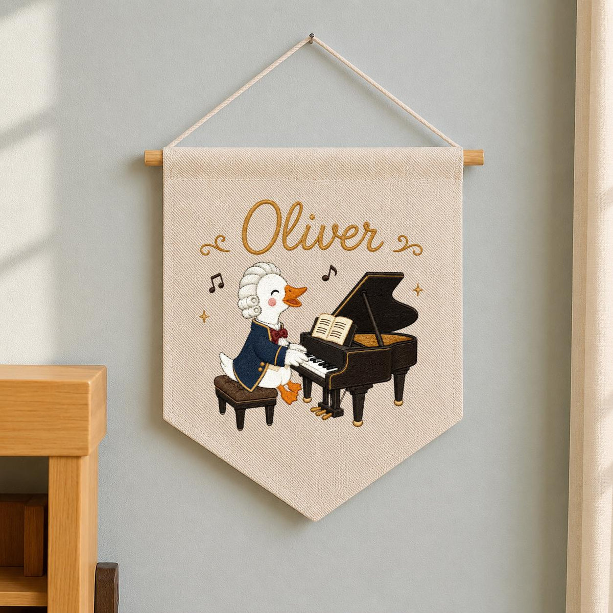 Personalized Embroidered Duck Piano Banner, Custom Name Nursery Decor, Mozart Musician Wall Hanging