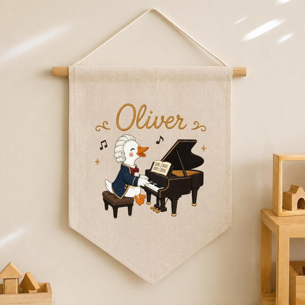 Personalized Embroidered Duck Piano Banner, Custom Name Nursery Decor, Mozart Musician Wall Hanging