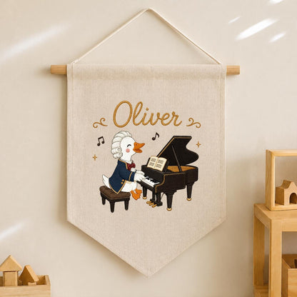 Personalized Embroidered Duck Piano Banner, Custom Name Nursery Decor, Mozart Musician Wall Hanging