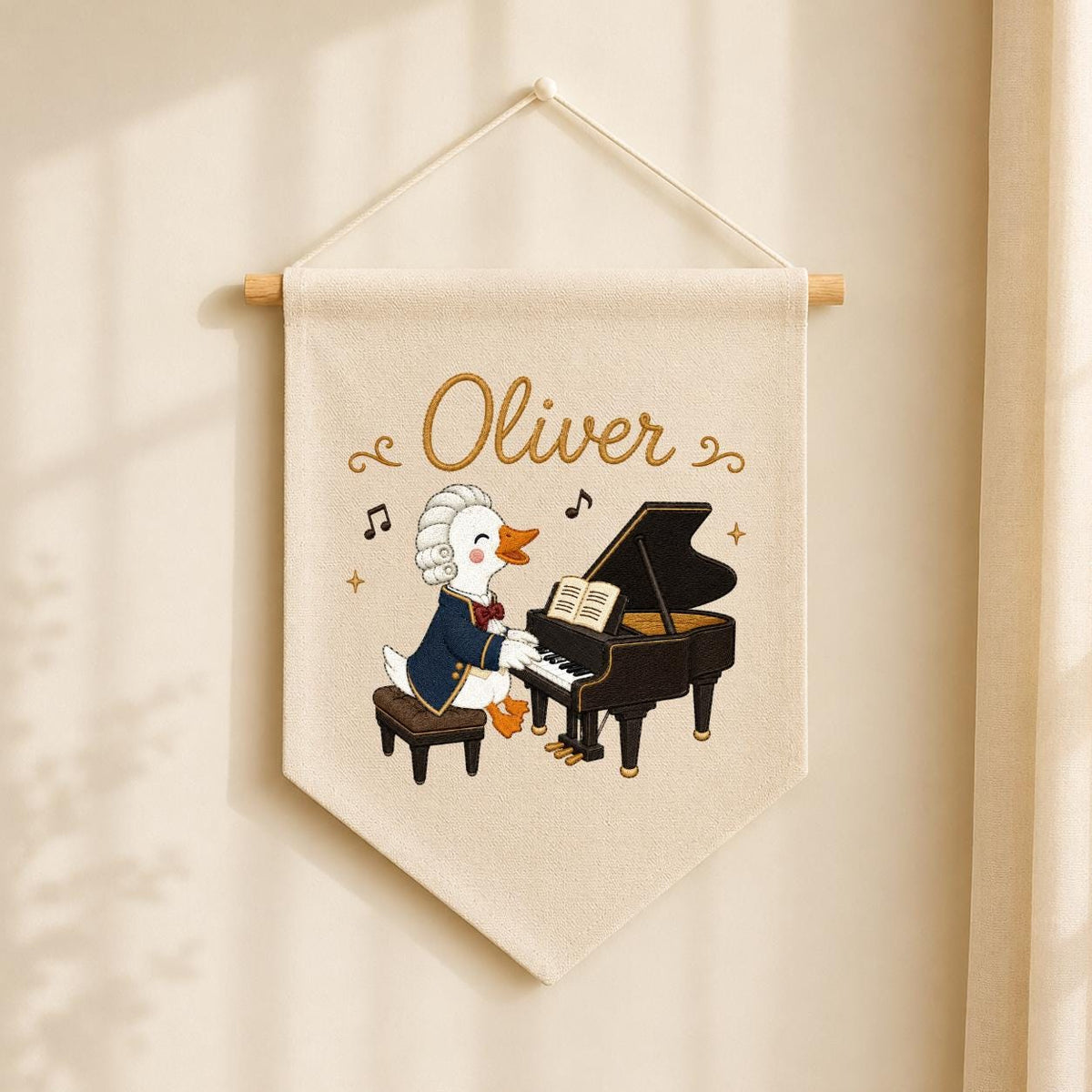 Personalized Embroidered Duck Piano Banner, Custom Name Nursery Decor, Mozart Musician Wall Hanging