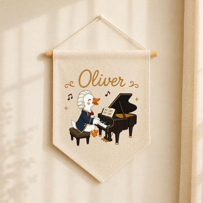 Personalized Embroidered Duck Piano Banner, Custom Name Nursery Decor, Mozart Musician Wall Hanging