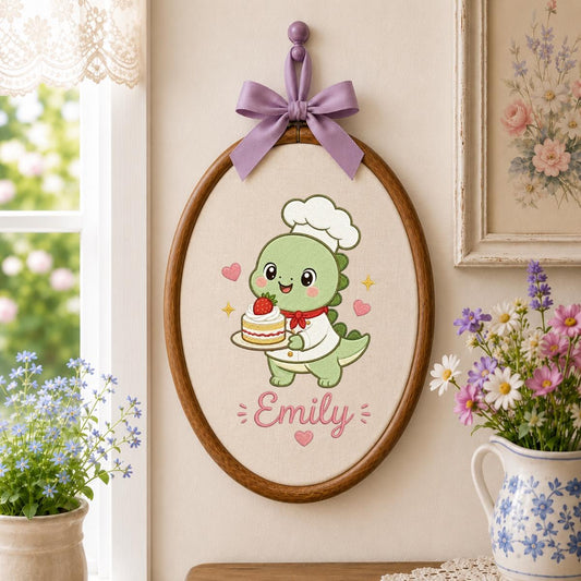 Personalized Chef Dinosaur Embroidery Hoop Art, Custom Name Wall Hanging, Nursery Decor