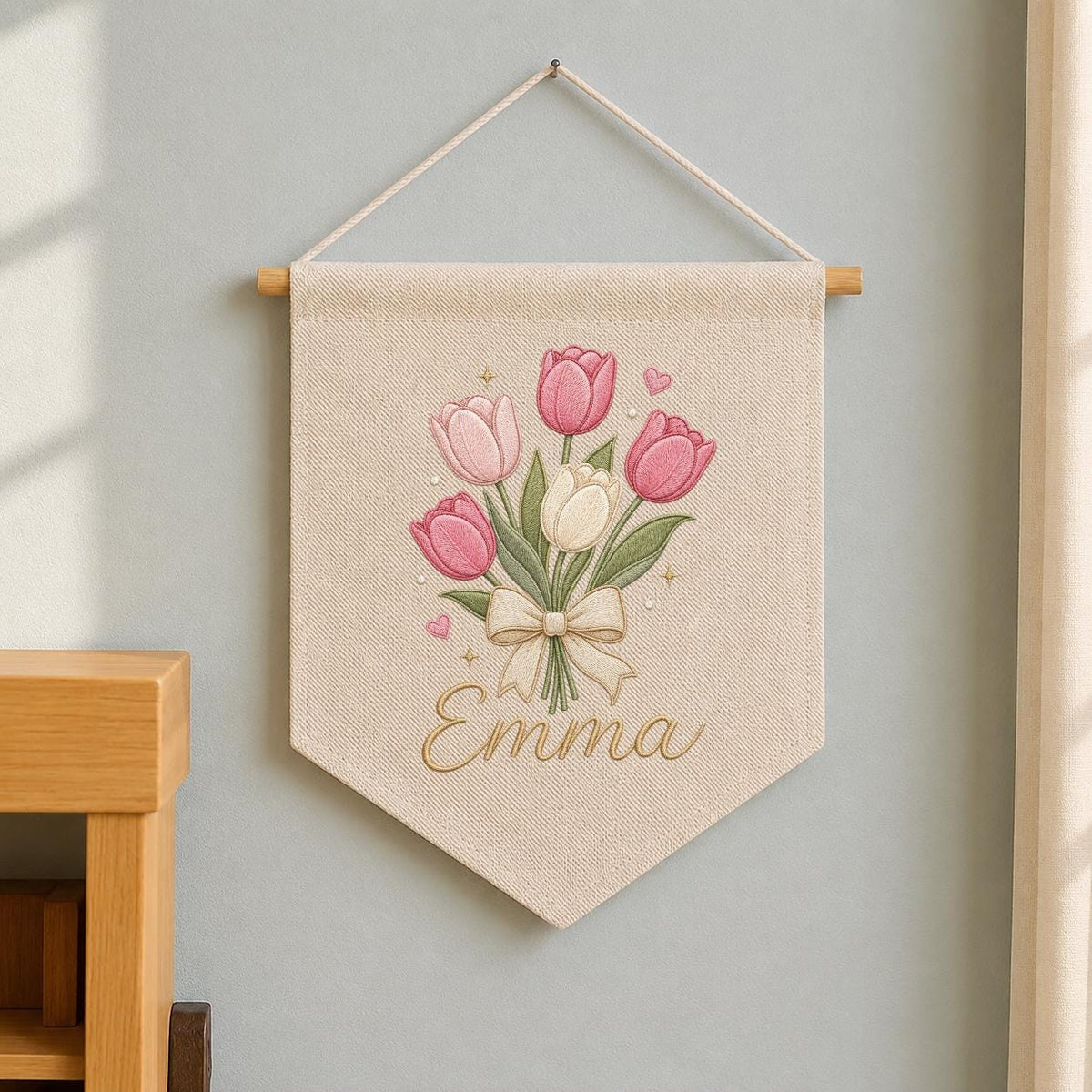 Personalized Embroidered Tulip Bouquet Banner, Custom Name Nursery Decor