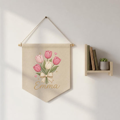 Personalized Embroidered Tulip Bouquet Banner, Custom Name Nursery Decor