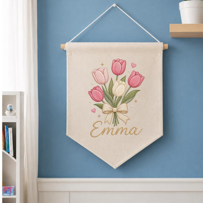 Personalized Embroidered Tulip Bouquet Banner, Custom Name Nursery Decor