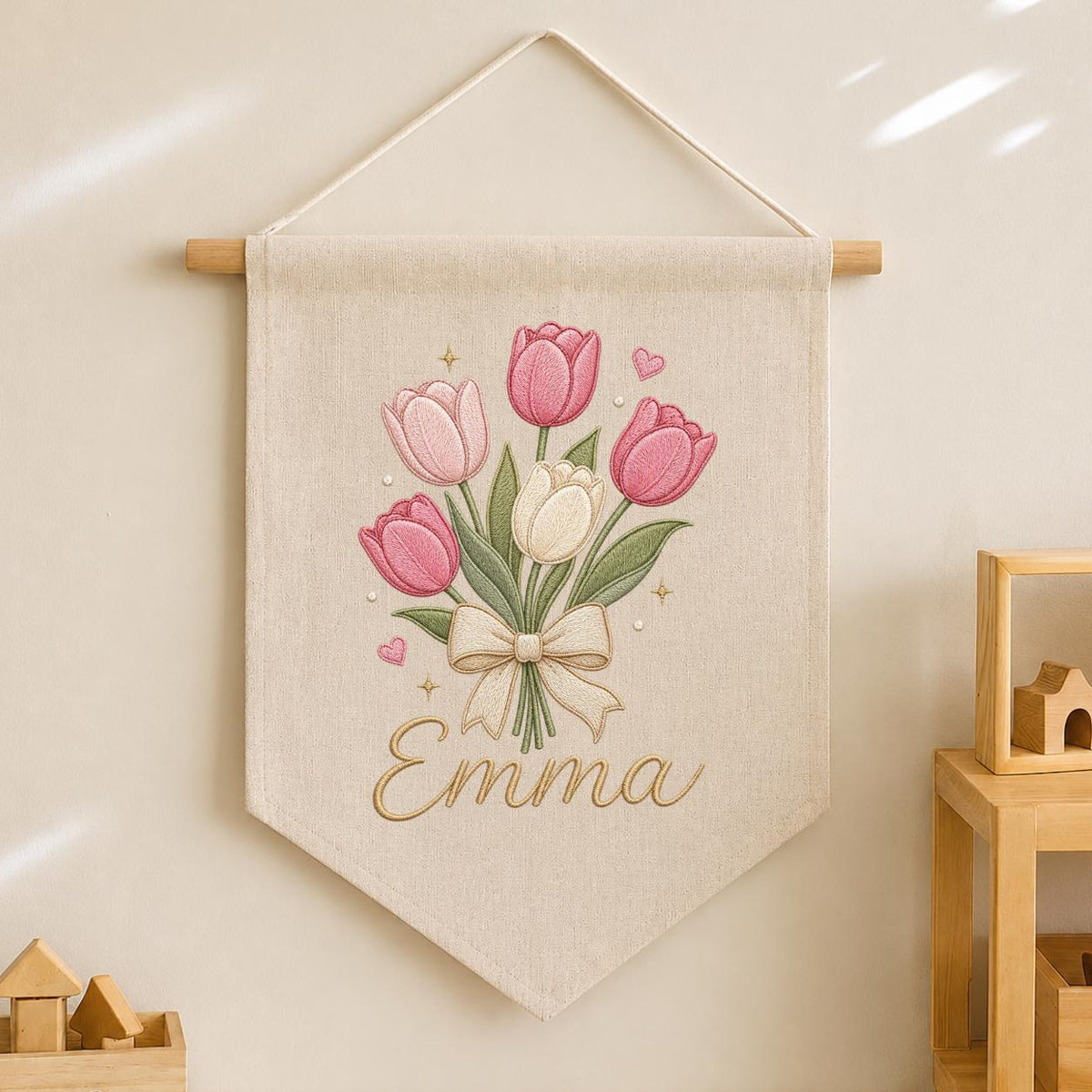 Personalized Embroidered Tulip Bouquet Banner, Custom Name Nursery Decor