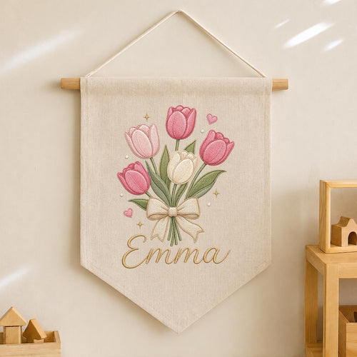 Personalized Embroidered Tulip Bouquet Banner, Custom Name Nursery Decor