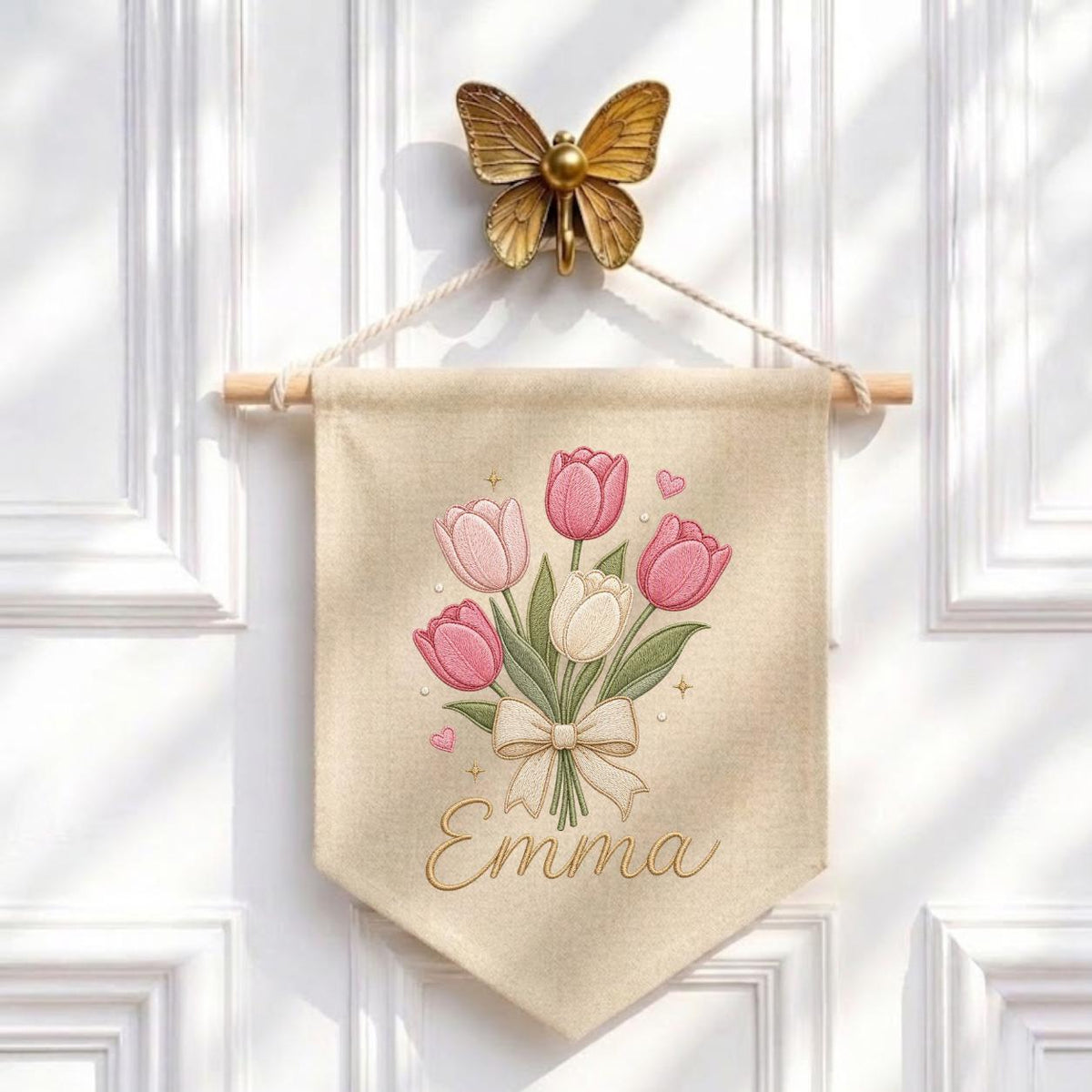 Personalized Embroidered Tulip Bouquet Banner, Custom Name Nursery Decor