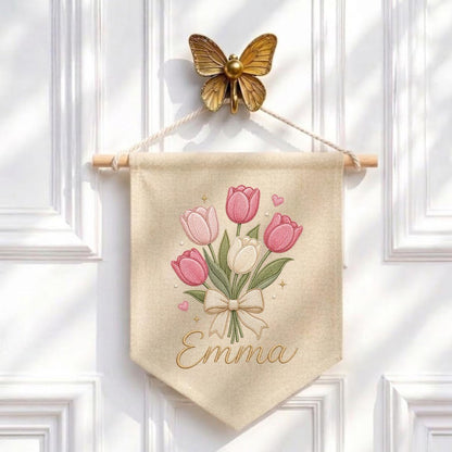 Personalized Embroidered Tulip Bouquet Banner, Custom Name Nursery Decor