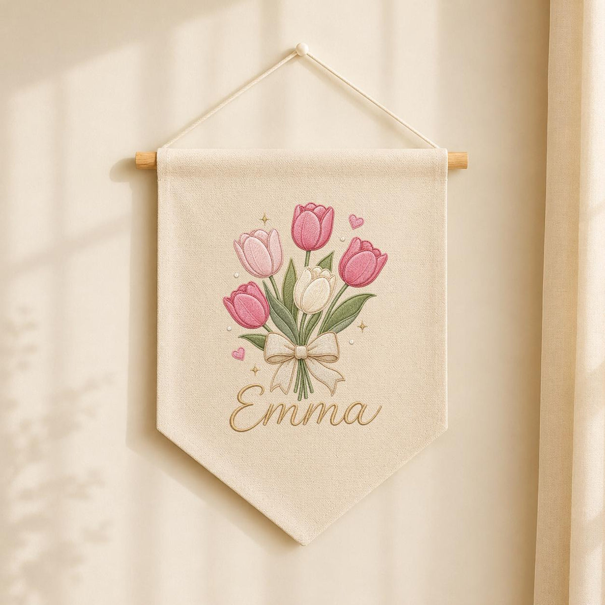 Personalized Embroidered Tulip Bouquet Banner, Custom Name Nursery Decor