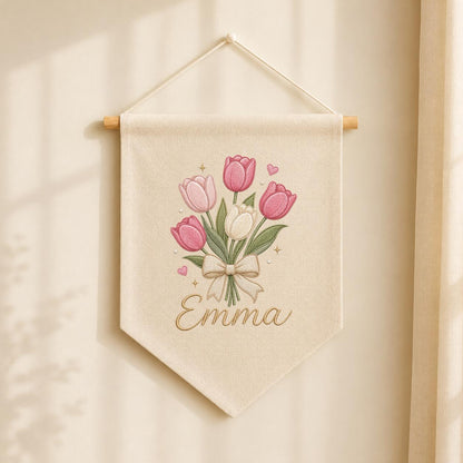 Personalized Embroidered Tulip Bouquet Banner, Custom Name Nursery Decor