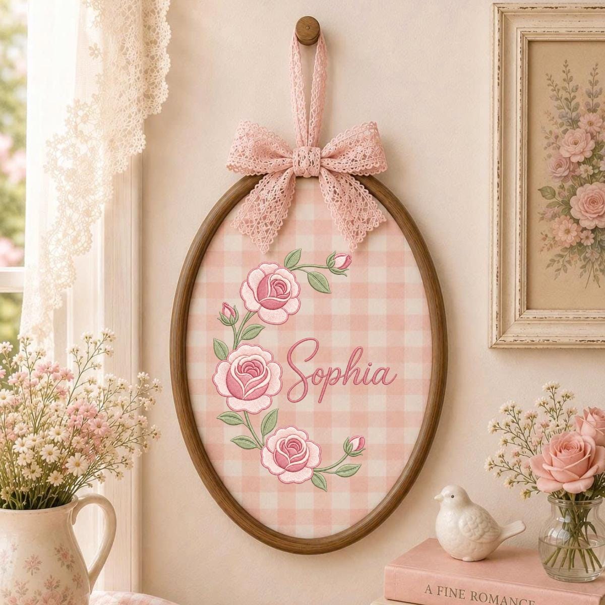Personalized Oval Rose Embroidery Hoop Art, Custom Name Floral Wreath Nursery Decor