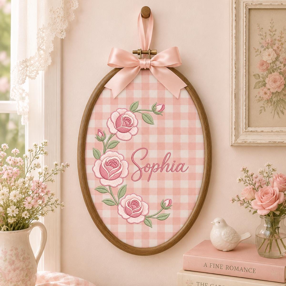 Personalized Oval Rose Embroidery Hoop Art, Custom Name Floral Wreath Nursery Decor