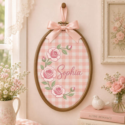 Personalized Oval Rose Embroidery Hoop Art, Custom Name Floral Wreath Nursery Decor