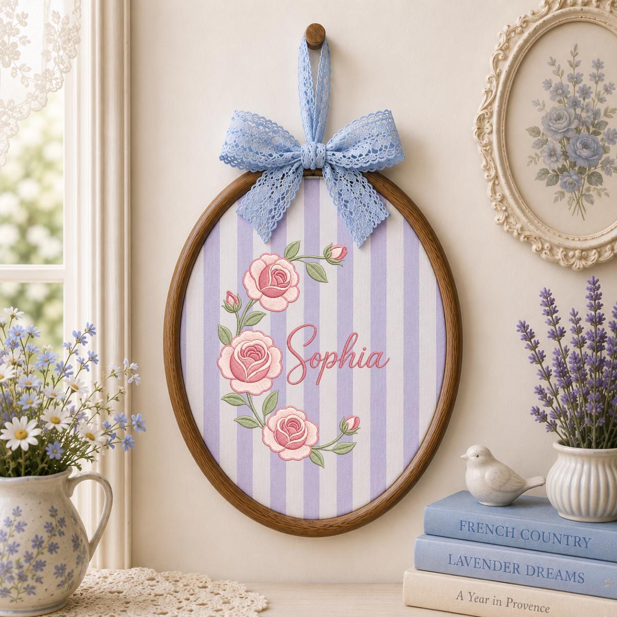 Personalized Oval Rose Embroidery Hoop Art, Custom Name Floral Wreath Nursery Decor