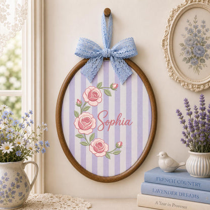 Personalized Oval Rose Embroidery Hoop Art, Custom Name Floral Wreath Nursery Decor