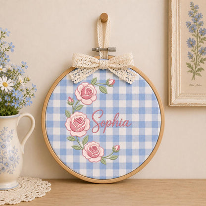 Personalized Oval Rose Embroidery Hoop Art, Custom Name Floral Wreath Nursery Decor