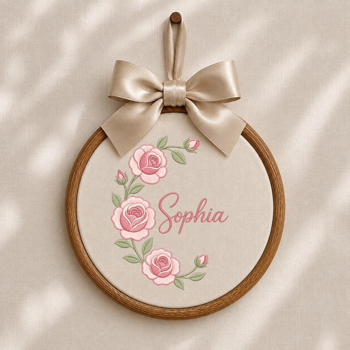Personalized Oval Rose Embroidery Hoop Art, Custom Name Floral Wreath Nursery Decor