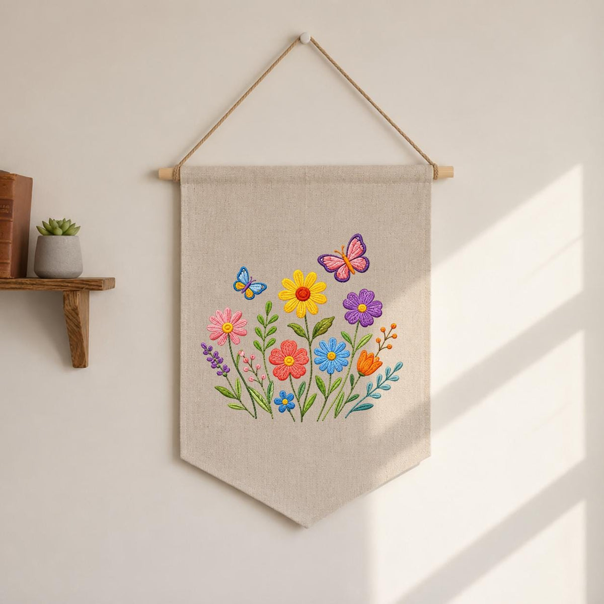 Embroidered Wildflower Butterfly Pennant Banner, Floral Meadow Wall Hanging Sign