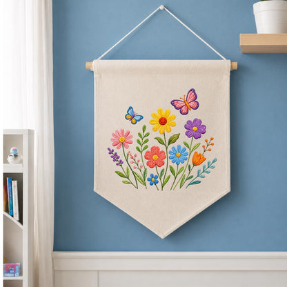 Embroidered Wildflower Butterfly Pennant Banner, Floral Meadow Wall Hanging Sign