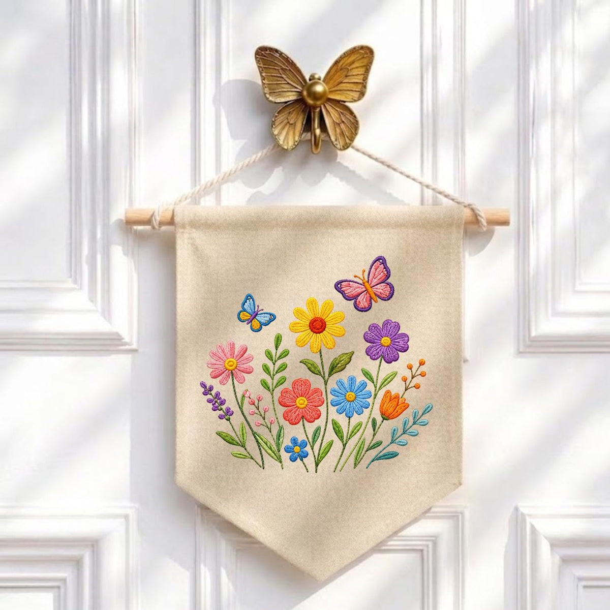 Embroidered Wildflower Butterfly Pennant Banner, Floral Meadow Wall Hanging Sign