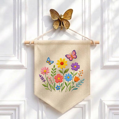 Embroidered Wildflower Butterfly Pennant Banner, Floral Meadow Wall Hanging Sign
