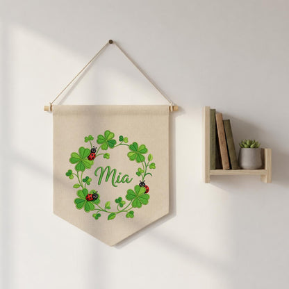 Embroidered Shamrock Clover Banner, Ladybug Botanical Nursery Wall Hanging, Mia Name Decor