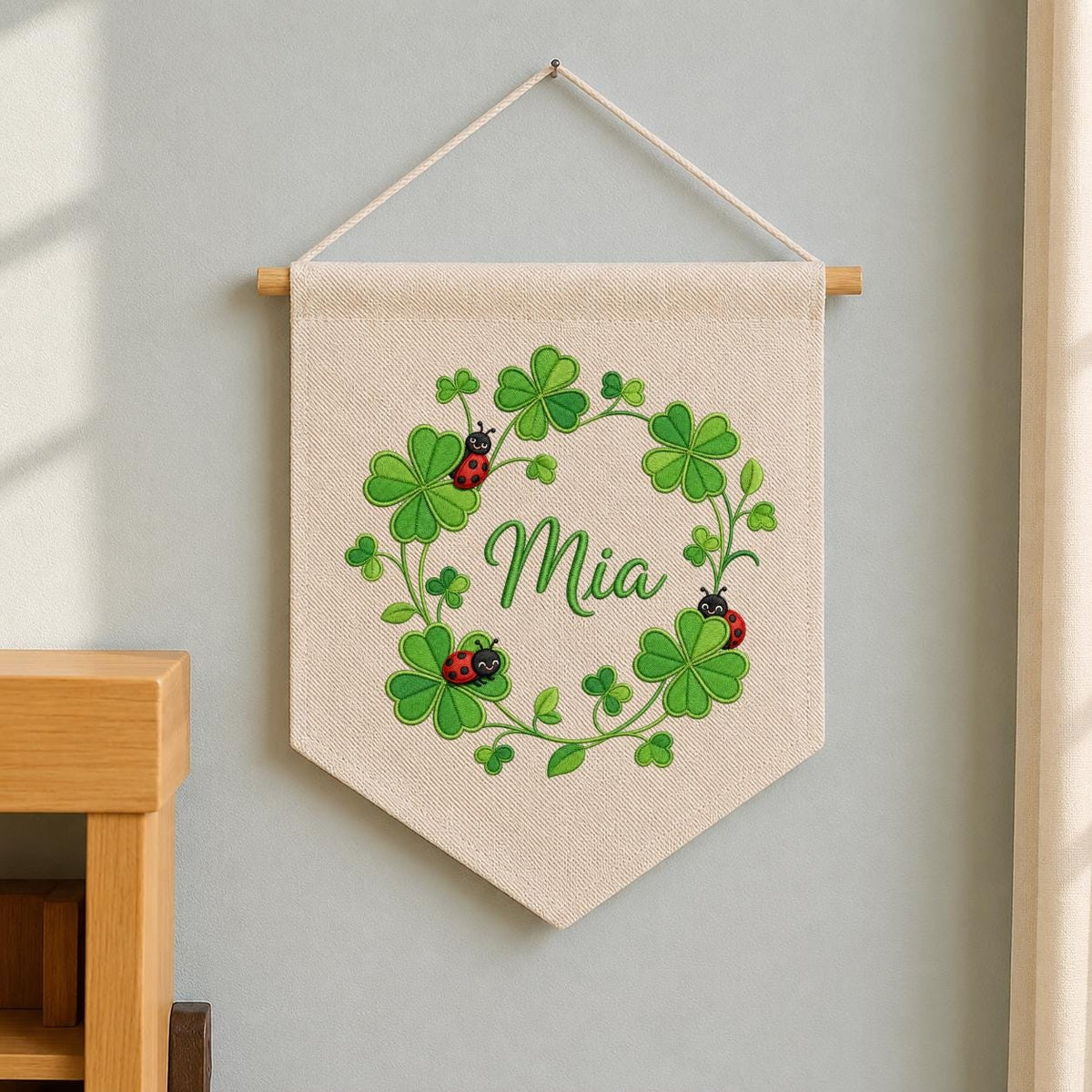 Embroidered Shamrock Clover Banner, Ladybug Botanical Nursery Wall Hanging, Mia Name Decor