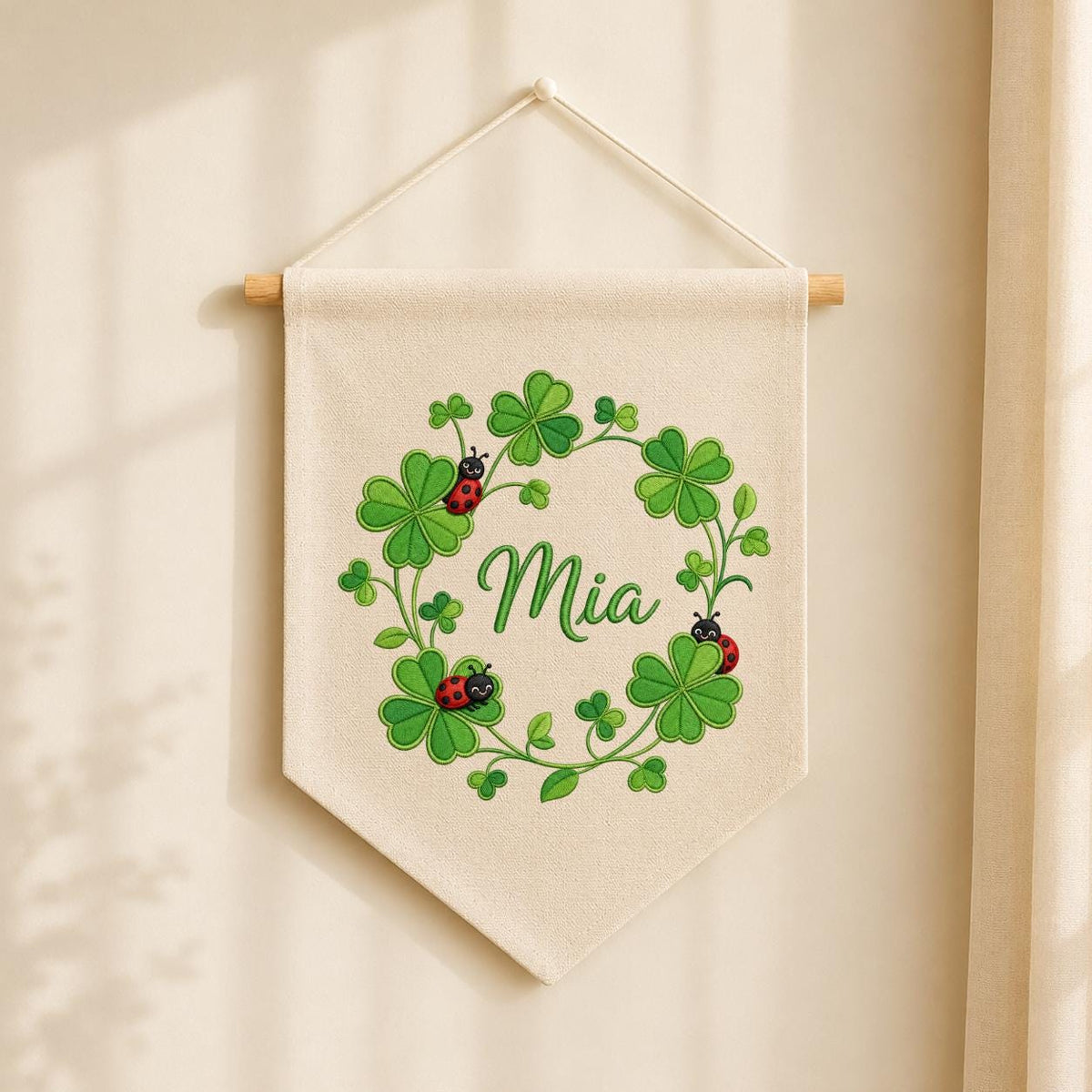 Embroidered Shamrock Clover Banner, Ladybug Botanical Nursery Wall Hanging, Mia Name Decor