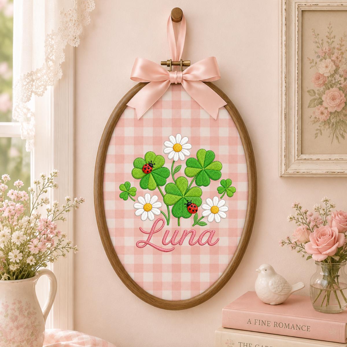 Personalized Clover Daisy Embroidery Hoop Art, Custom Name Wall Hanging, Girl Nursery Decor