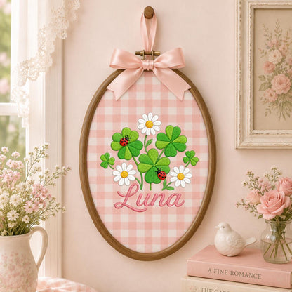 Personalized Clover Daisy Embroidery Hoop Art, Custom Name Wall Hanging, Girl Nursery Decor
