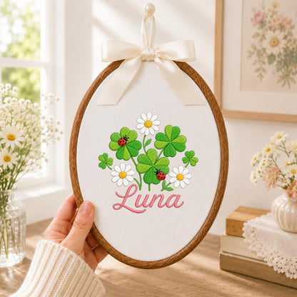 Personalized Clover Daisy Embroidery Hoop Art, Custom Name Wall Hanging, Girl Nursery Decor