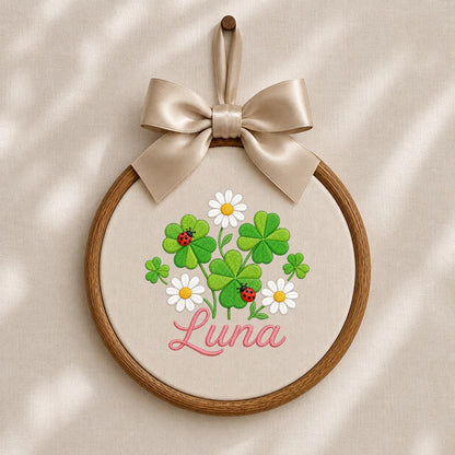 Personalized Clover Daisy Embroidery Hoop Art, Custom Name Wall Hanging, Girl Nursery Decor