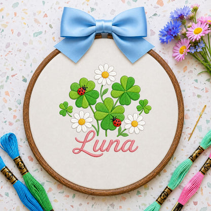 Personalized Clover Daisy Embroidery Hoop Art, Custom Name Wall Hanging, Girl Nursery Decor