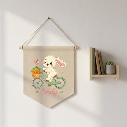 Embroidered Bunny Bike Linen Banner, Custom Name Nursery Decor, Carrot Wall Hanging