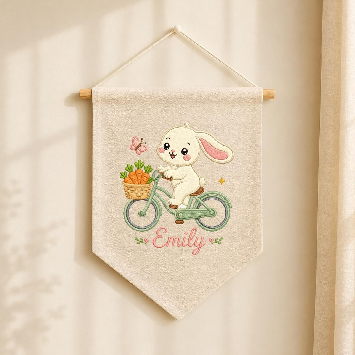 Embroidered Bunny Bike Linen Banner, Custom Name Nursery Decor, Carrot Wall Hanging