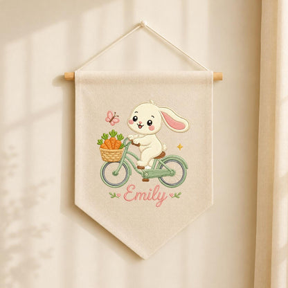Embroidered Bunny Bike Linen Banner, Custom Name Nursery Decor, Carrot Wall Hanging