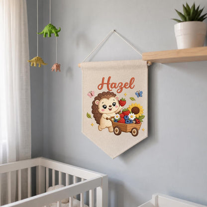Personalized Hedgehog Berry Wagon Banner, Embroidered Woodland Nursery Decor, Hazel Name Wall Hanging